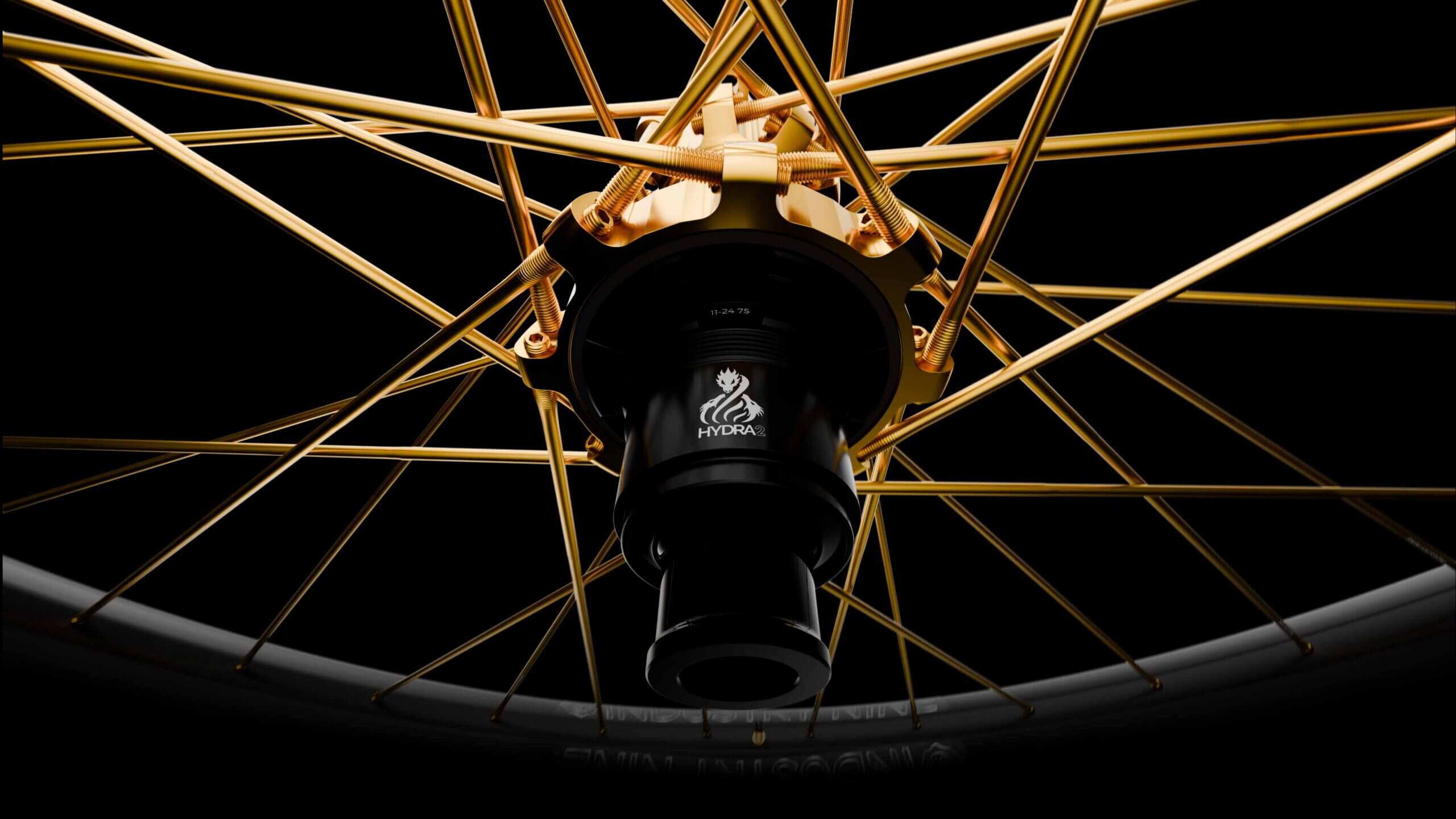 Close-up of a gold Industry Nine Hydra hub laced into a hand-built wheel