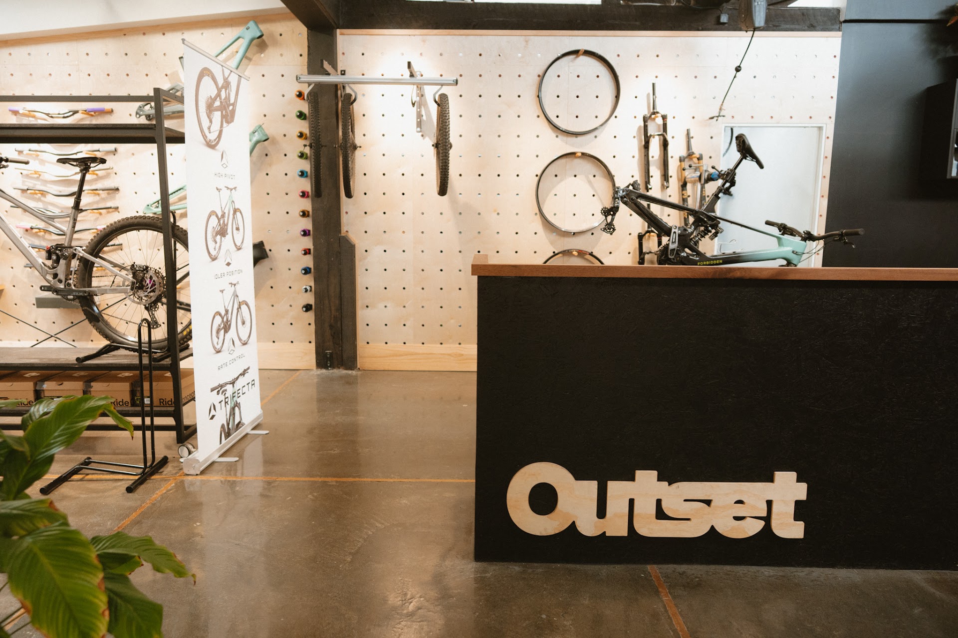 Outset front counter with the workshop pegboard and wheels behind