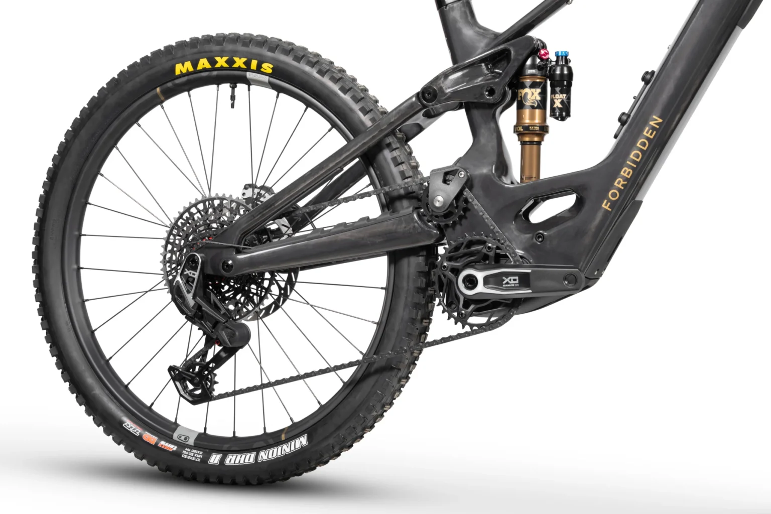 Drive-side drivetrain view showing chain wrap around the chainring on a Forbidden Druid E